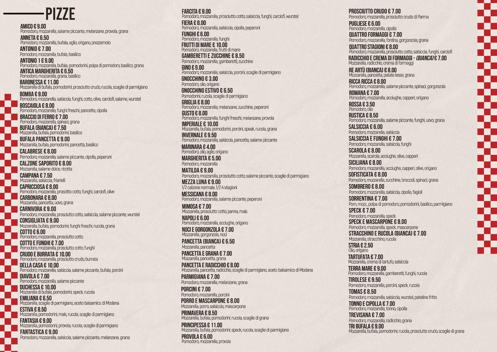 menu pizze