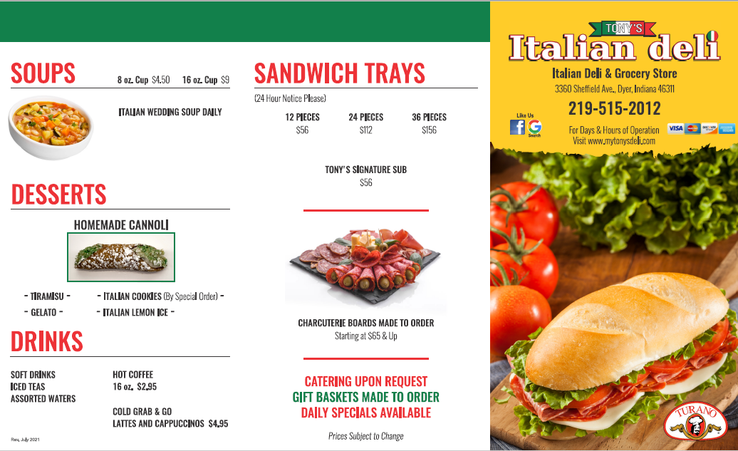 Italian Deli Online Menu Tony’s Italian Deli Dyer, IN