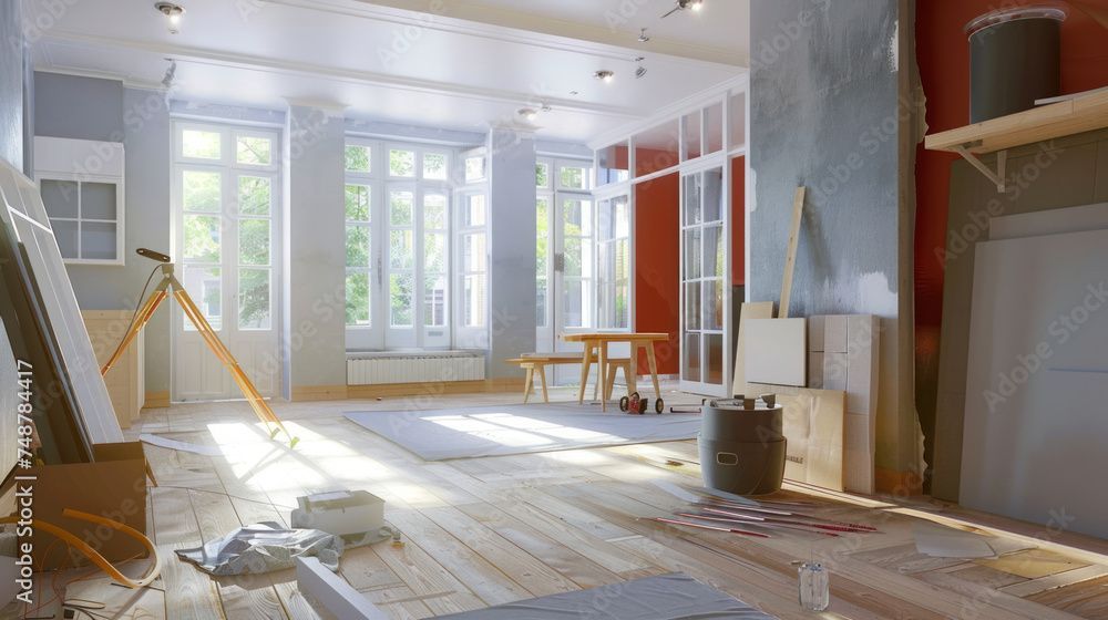 Bright, sunlit interior space with large windows. Construction materials and furniture suggest a renovation project.