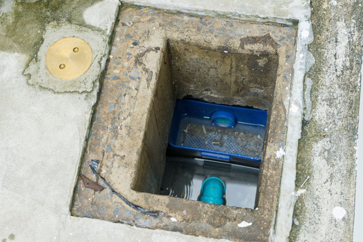 A manhole cover with a blue pipe coming out of it.