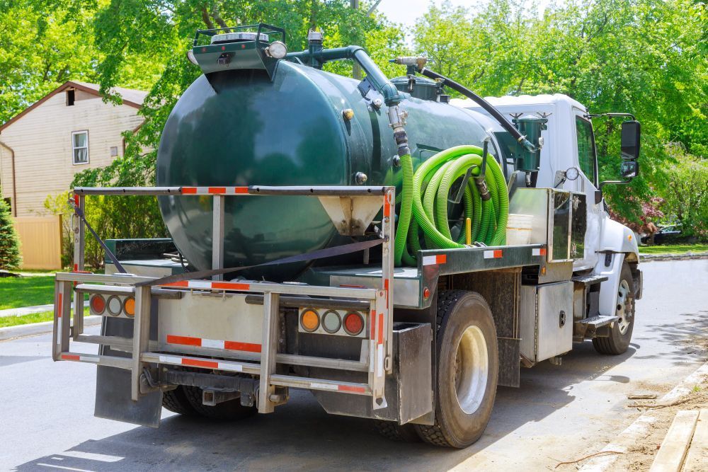A vacuum truck is parked on the side of the road.