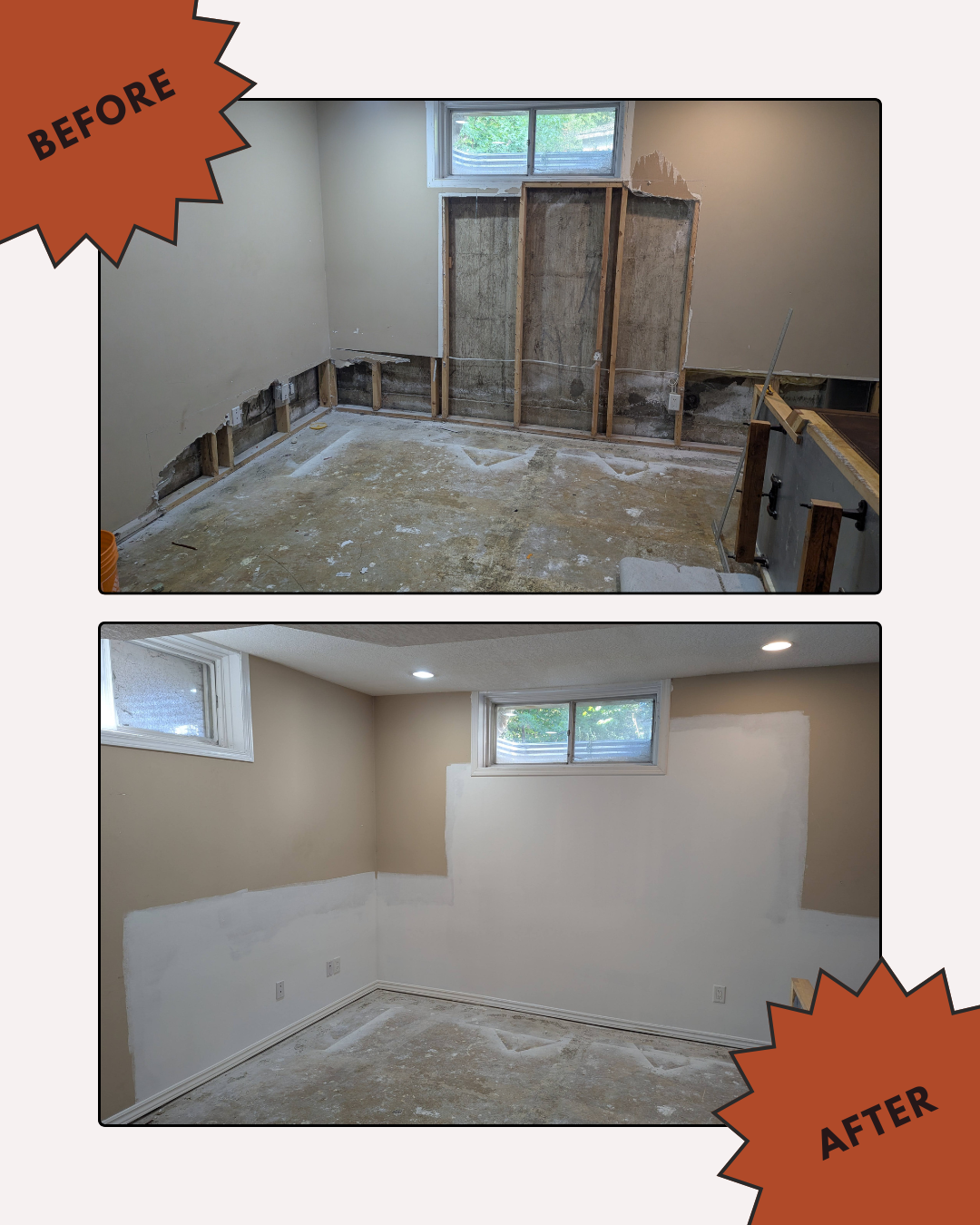 Basement renovation: Before and after comparison. Top: Damaged walls, debris. Bottom: Finished room with new paint, lighting.