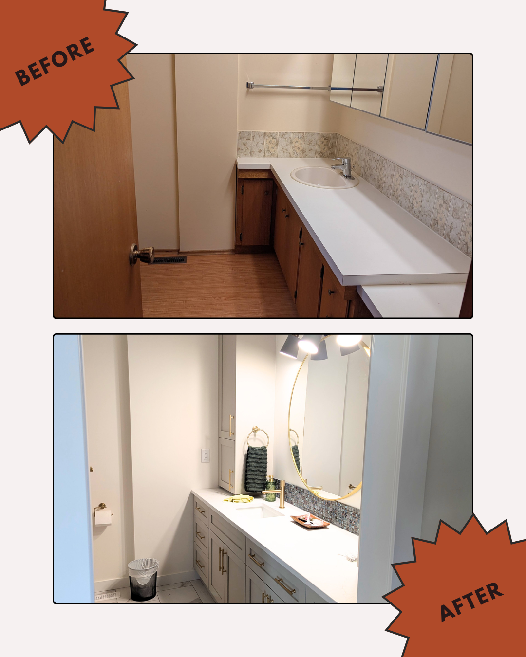 Bathroom renovation comparison. Before: dated, light wood cabinets, long countertop. After: updated white cabinets, marble.