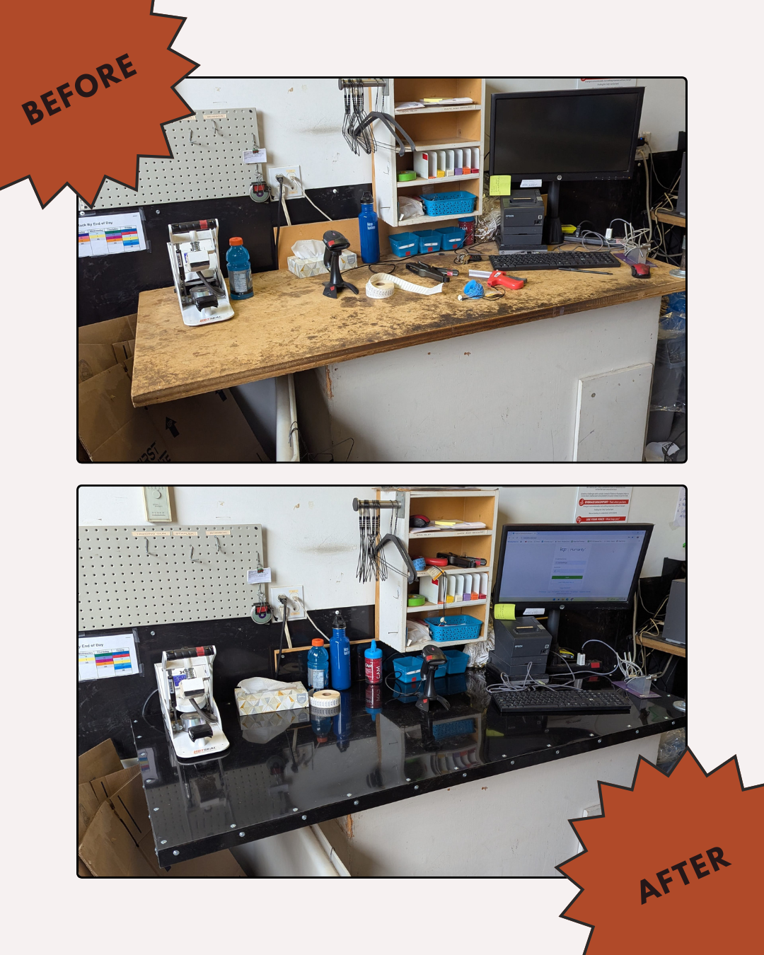 Before and after photos of a cluttered workshop bench with particle board, and then a clean workspace with black countertop.