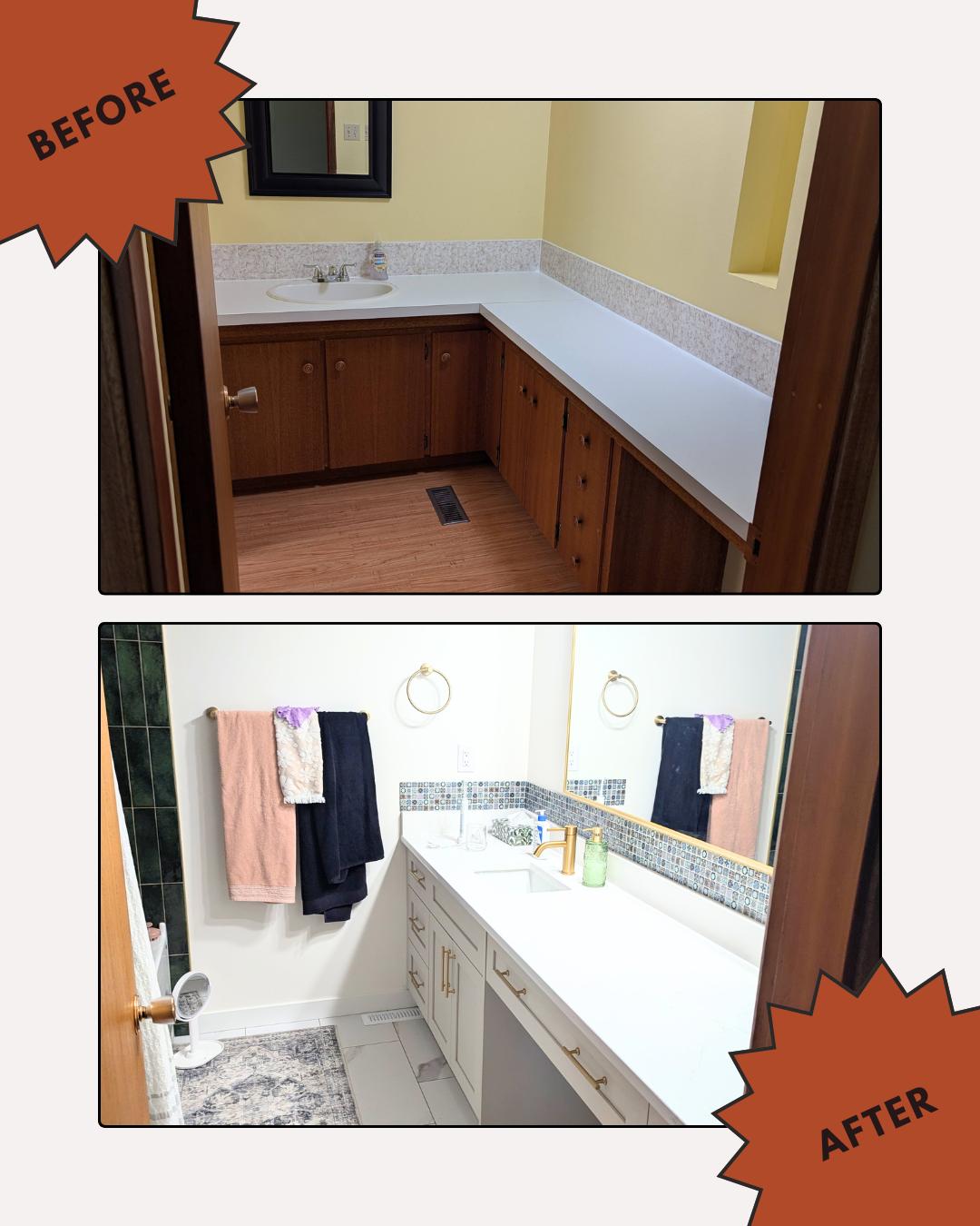 Before and after bathroom renovation: new white vanity and marble floor replace old wood cabinets.