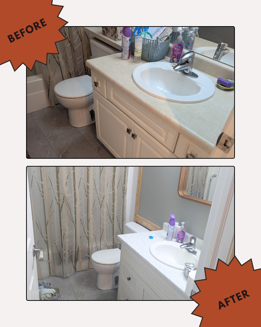 Bathroom remodel before and after. Top: White vanity, toilet. Bottom: Gray walls, shower curtain, white vanity.