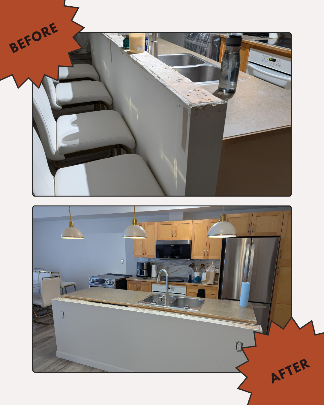 Kitchen renovation before/after. Top: wall separating bar seating from sink area. Bottom: Wall removed, kitchen opened up.