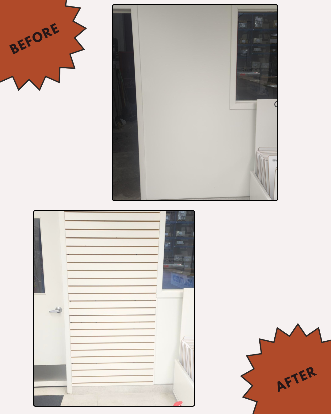 Comparison of a blank wall before and after. The 