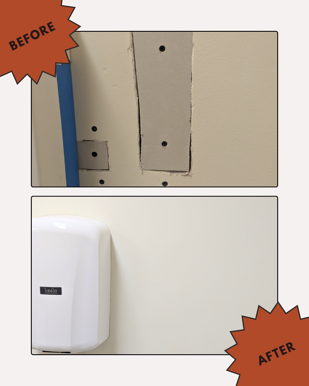 Before and after view of a wall repair with a hand dryer installed. The 