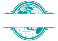 A blue and white logo with a globe in the middle