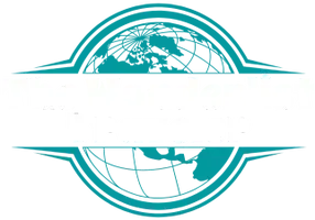 A blue and white logo with a globe in the middle