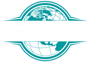 A blue and white logo with a globe in the middle