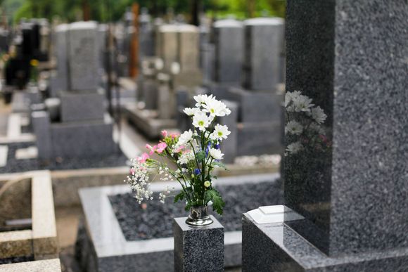 un vaso di fiori è posato sopra una tomba in un cimitero.