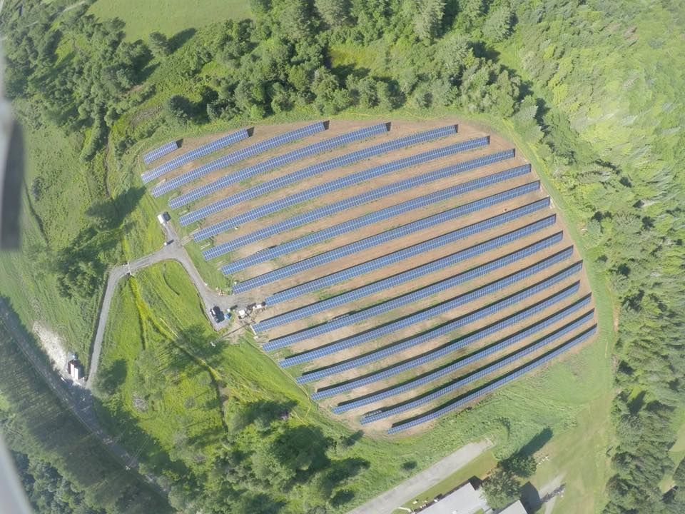 An aerial view of a large solar farm surrounded by trees and grass.