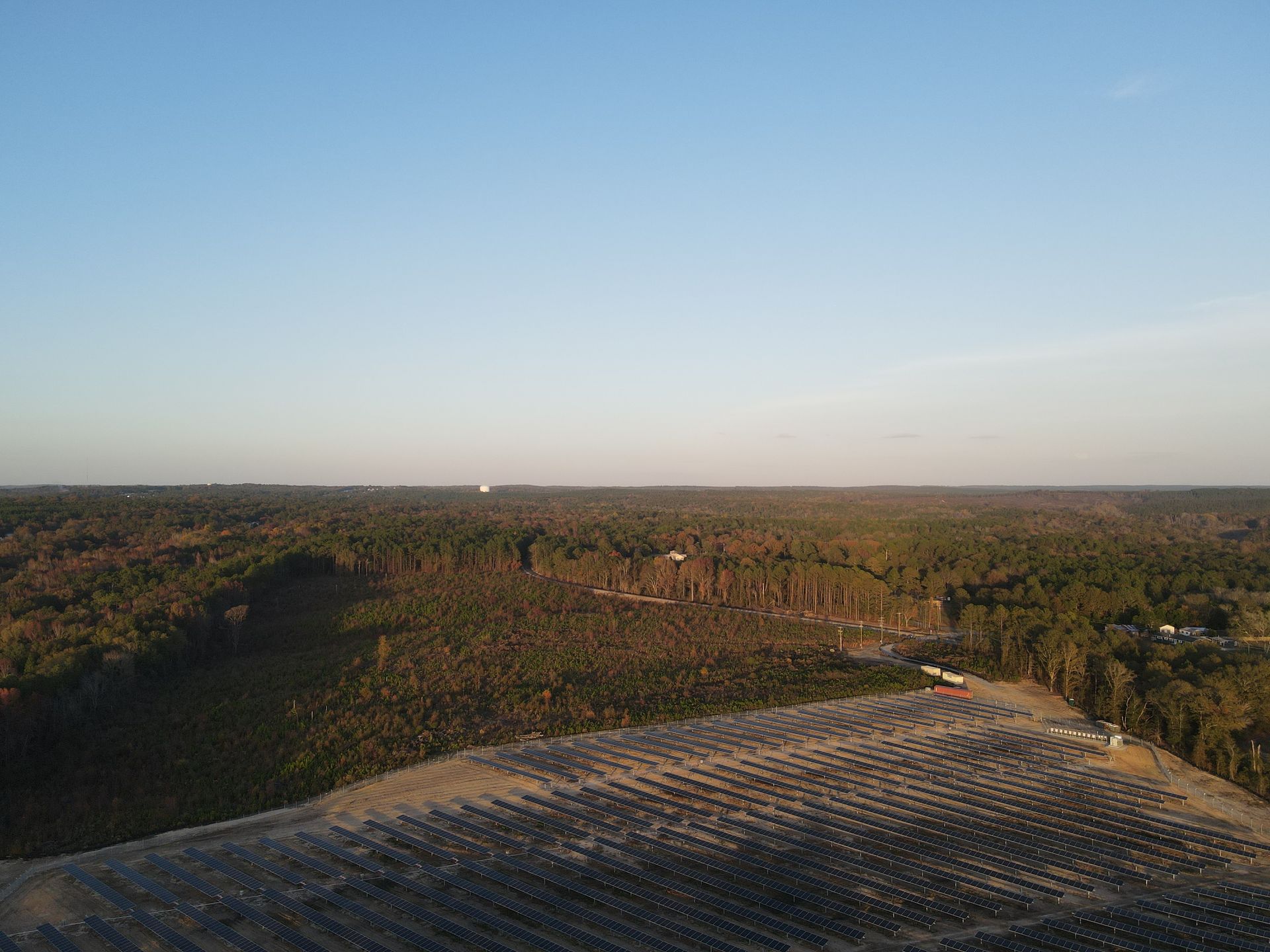 An aerial view of a lush green forest with a blue sky in the background.