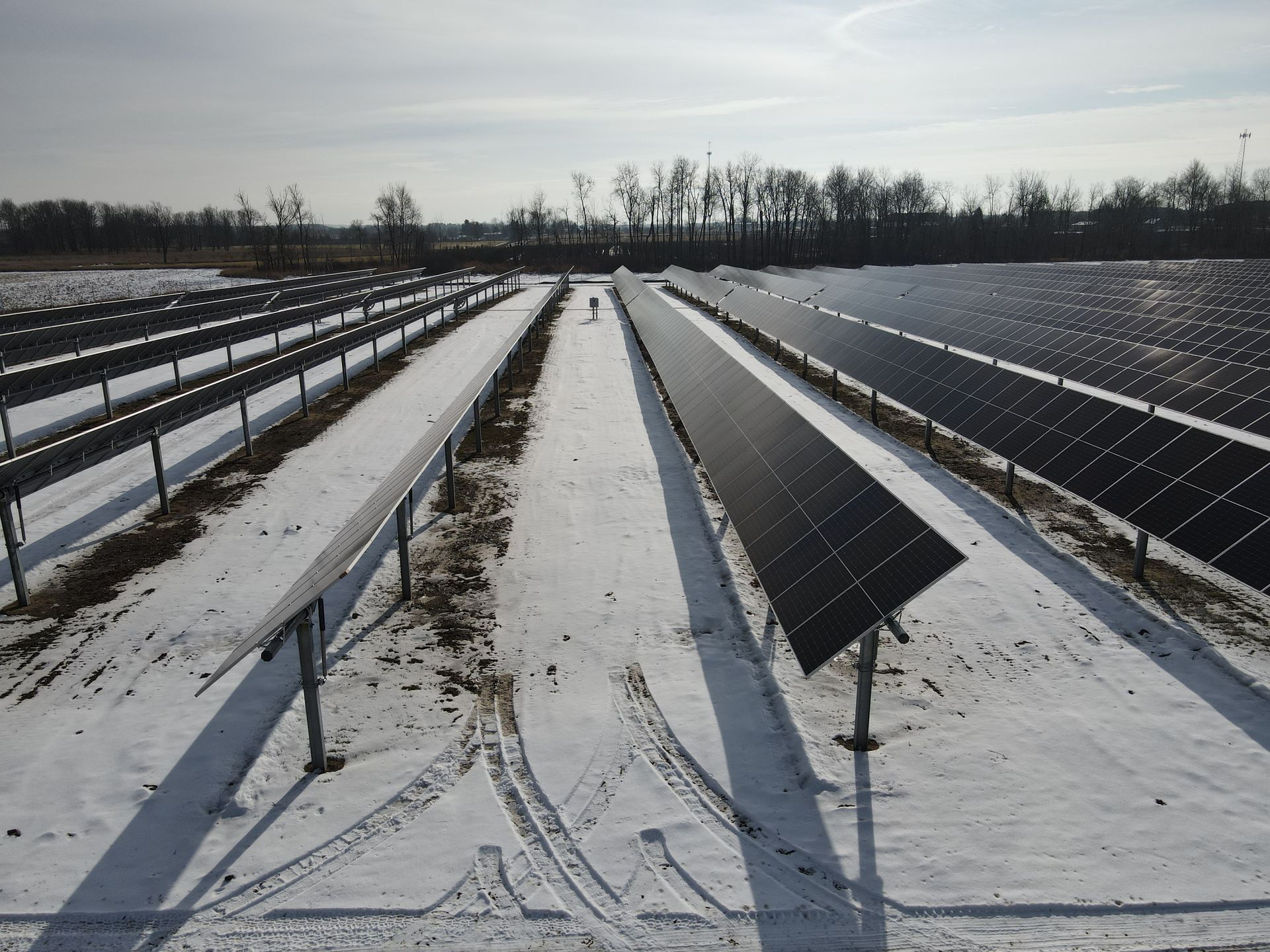 A row of solar panels in the snow with trees in the background