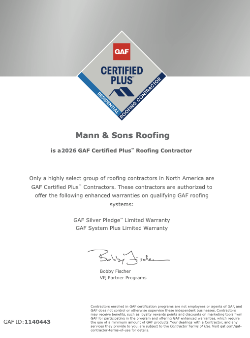 A certified plus certificate for mann & sana roofing