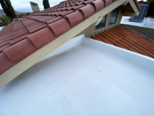 A roof with red tiles and a white roof