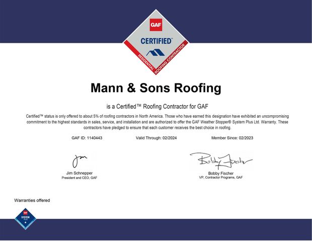 Mann & Sons Roofing GAF Certified certificate