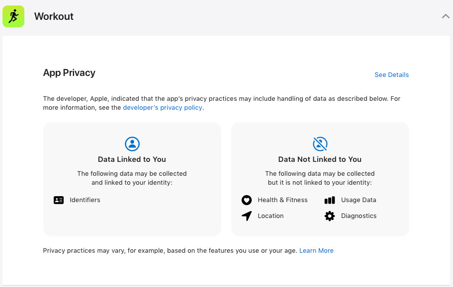 A screenshot of the workout app privacy page.
