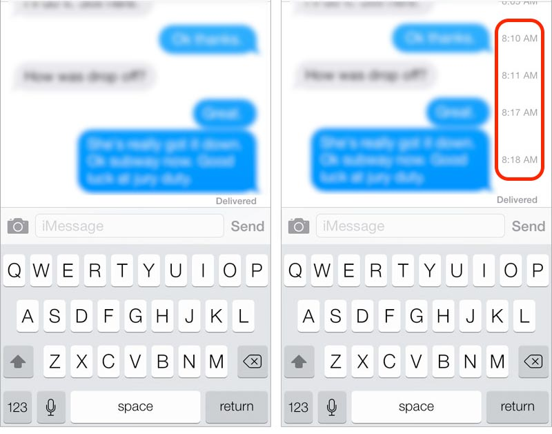 Two screenshots of a phone screen showing a message being sent and received