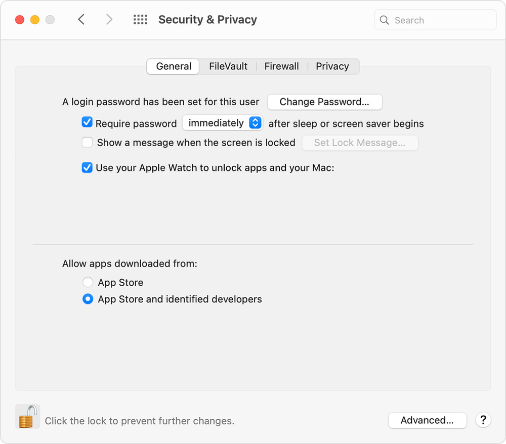A screenshot of the security and privacy screen on a mac.