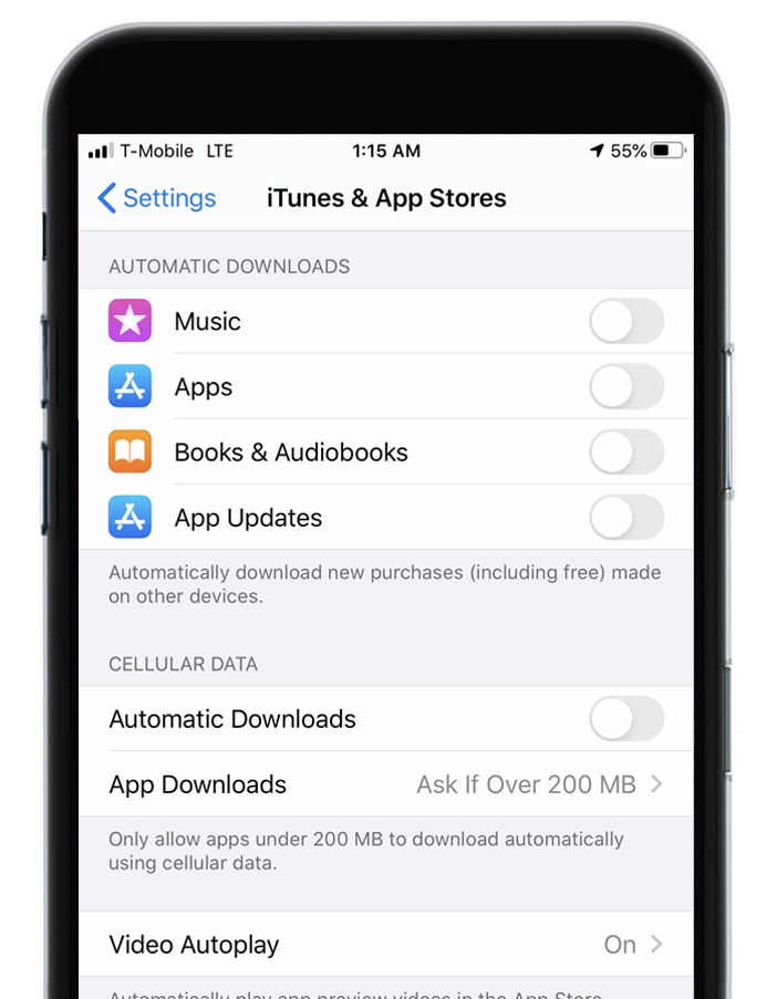 A screenshot of the itunes and app stores settings page on an iphone.