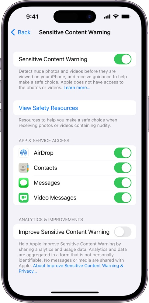 A screenshot of the sensitive content warning settings on an iphone.