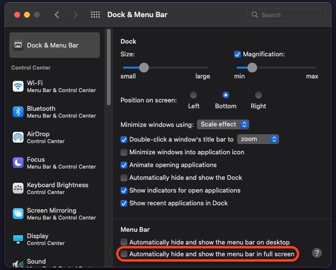 A screenshot of the dock and menu bar settings