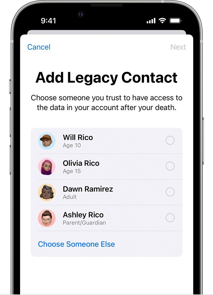 A screenshot of the add legacy contact page on an iphone.