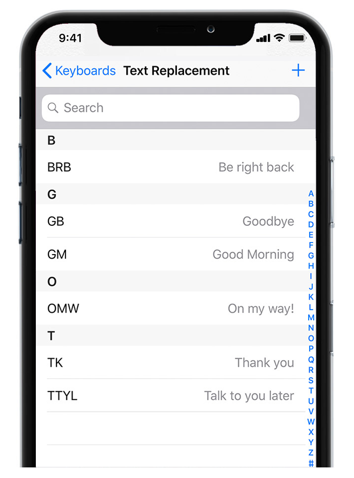 A screenshot of the keyboards text replacement app on an iphone.