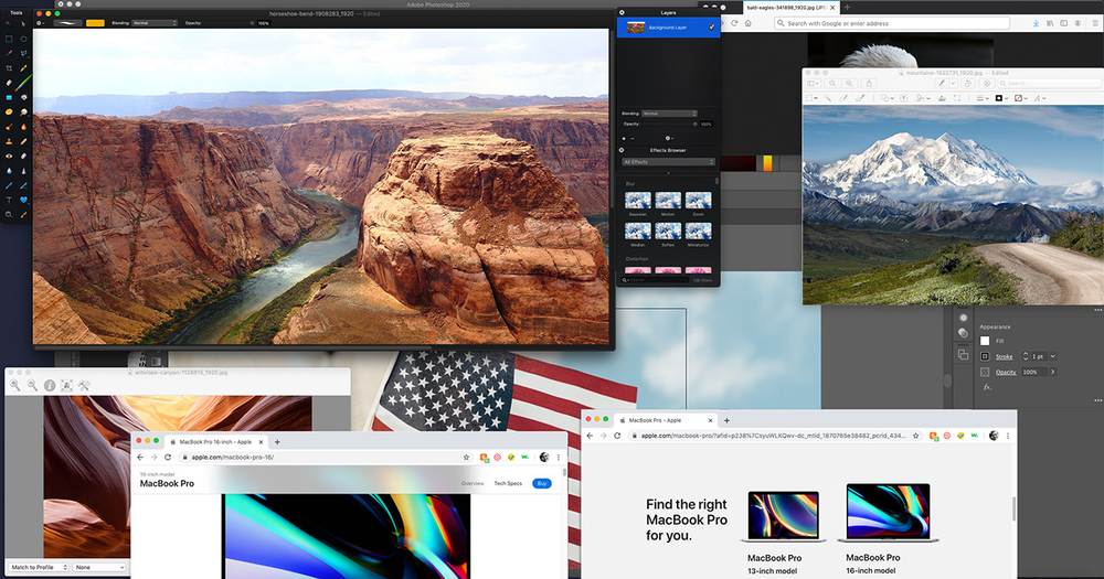 A collage of images on a computer screen , including an american flag.
