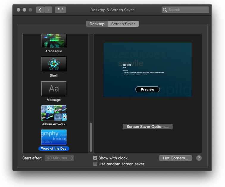 A screenshot of the desktop and screen saver window