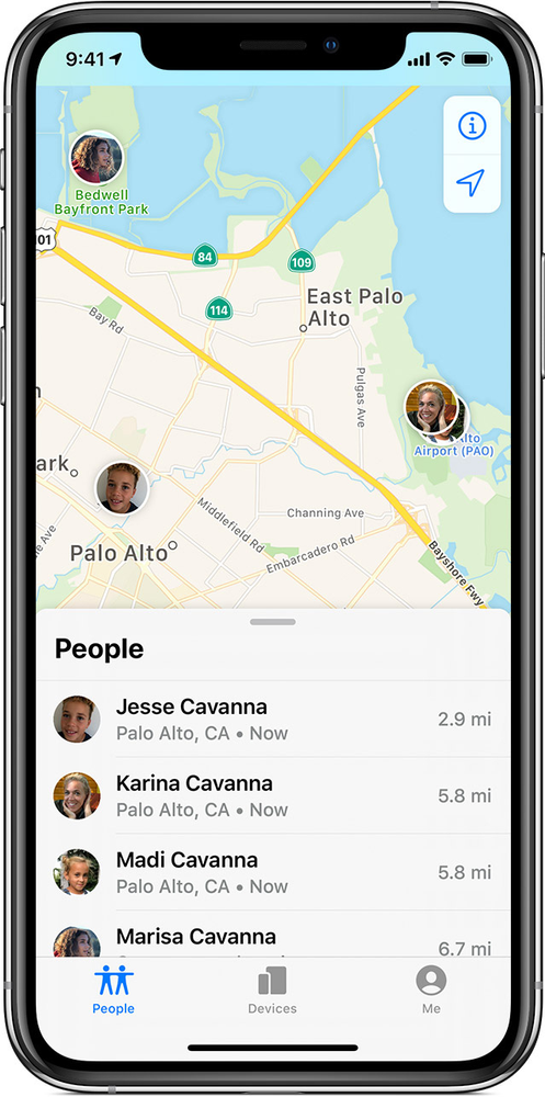A cell phone with a map and people on it.