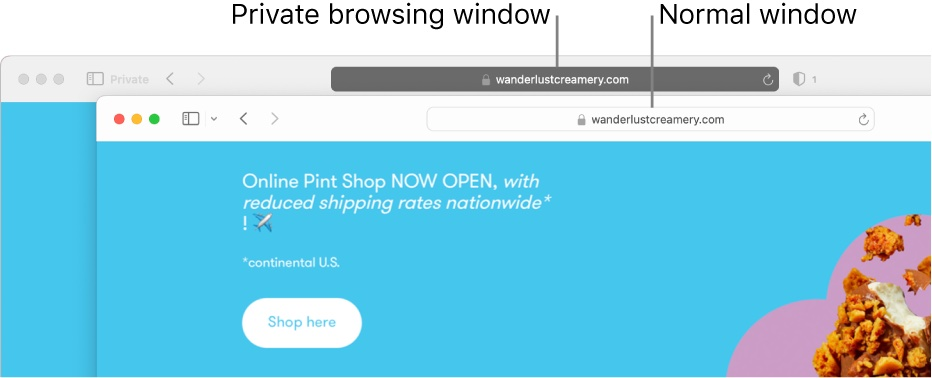 A computer screen with a private browsing window and a normal window