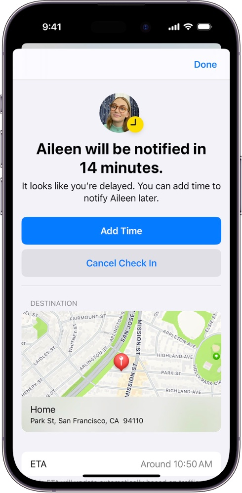 A phone with a notification that aileen will be notified in 14 minutes.