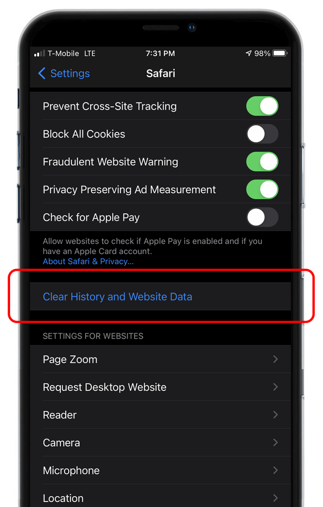A screenshot of the safari settings page on a cell phone.