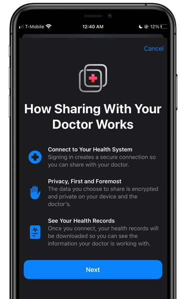 A phone screen shows how sharing with your doctor works