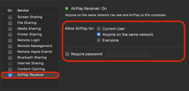 A screenshot of the airplay receiver settings on a computer