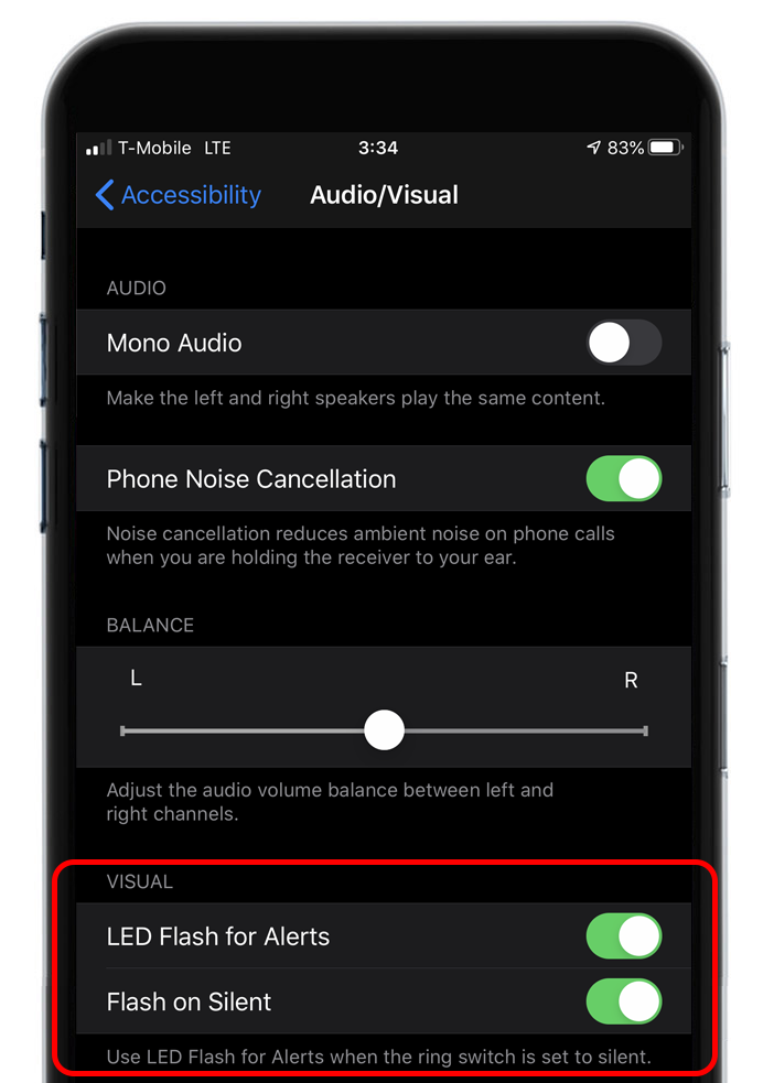 A screenshot of the audio visual settings on a cell phone.