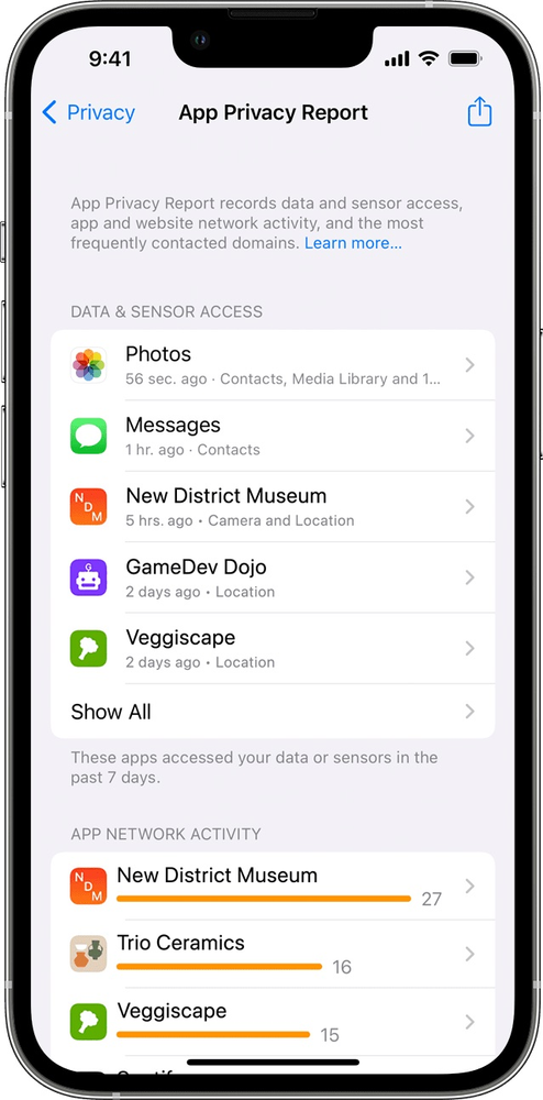 A screenshot of the app privacy report on an iphone.