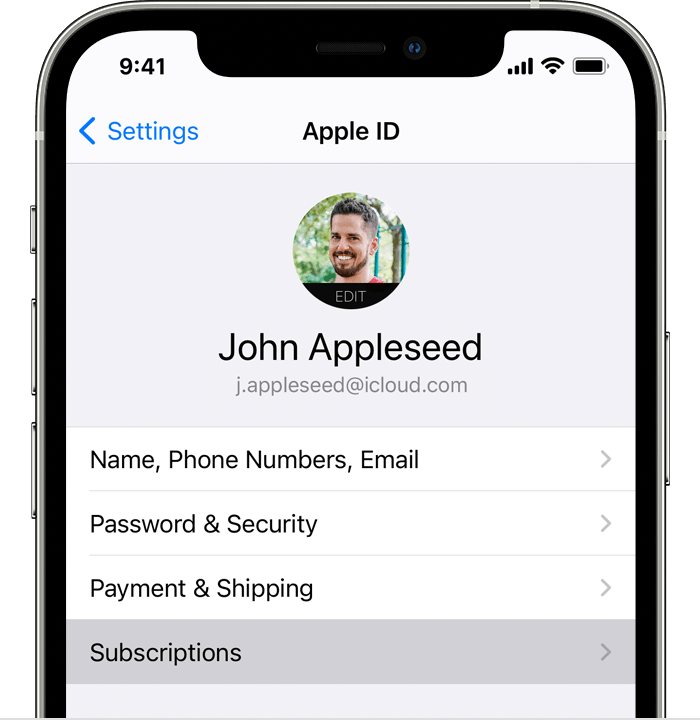 A screenshot of the apple id settings page on an iphone.
