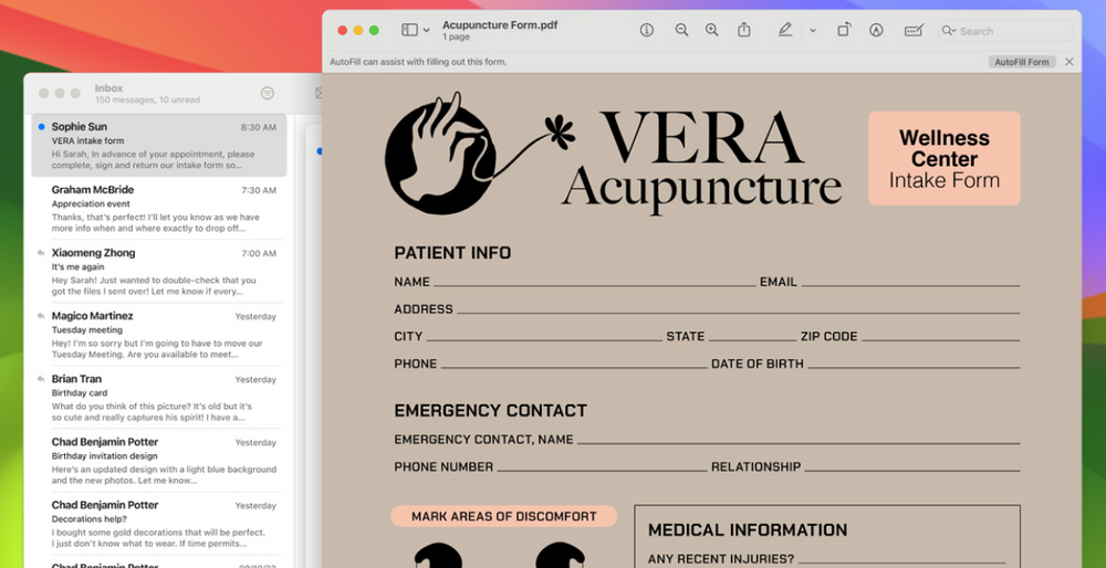 A vera acupuncture invoice is displayed on a computer screen.