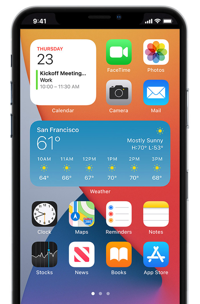 A cell phone with a weather app on the home screen.