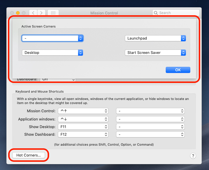 A screenshot of a window with a button that says hot corners