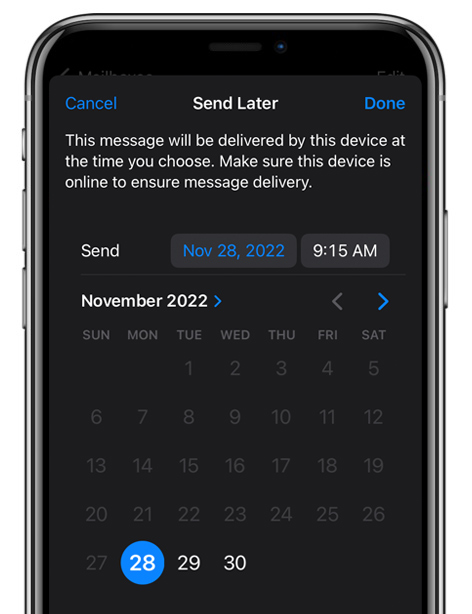 A cell phone with a calendar on it that says send later