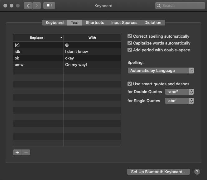 A screenshot of the keyboard settings on a mac