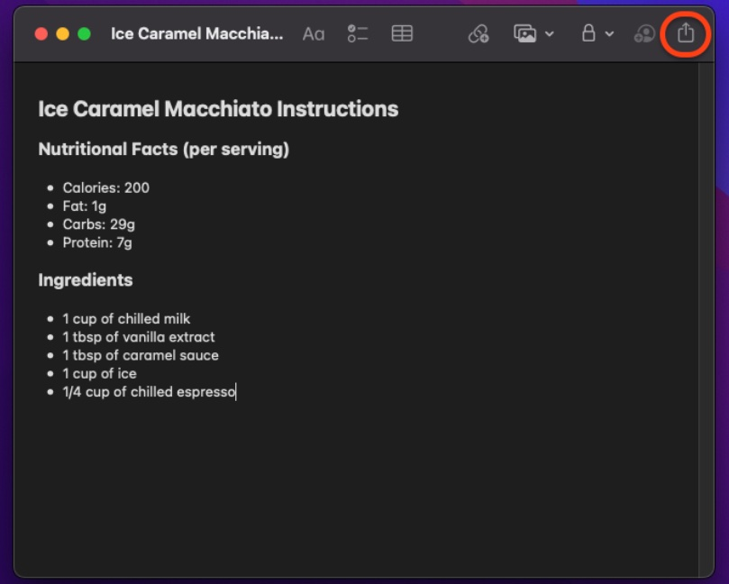 A computer screen shows a recipe for ice caramel macchiato