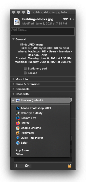 A computer screen shows a file called building-blocks.jpg