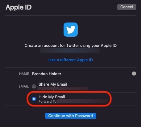 A screen that says create an account for twitter using your apple id